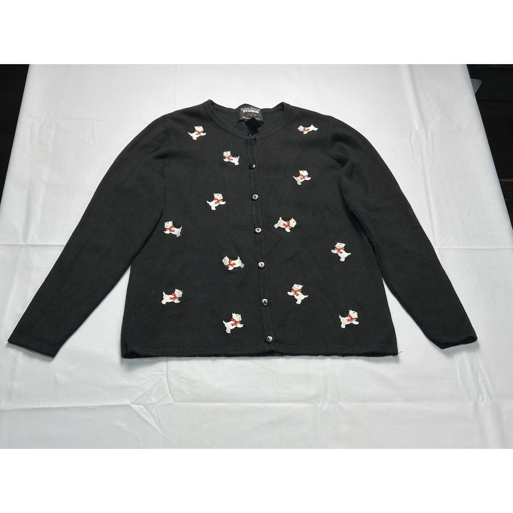 Studio Joy Black Embroidered Dog Cardigan Sweater Petite Small Vintage‎